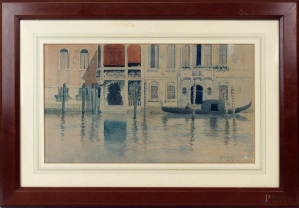 Canale di Venezia con gondola, acquarello su carta, cm 26x46,5, firmato, entro cornice.