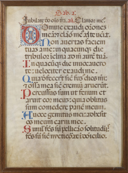 Pagina manoscritta salmo Iubilate Deo fronte e retro, XVIII-XIX secolo, inchiostri su carta pecora, cm 60x44, entro cornice, (segni di usura, ondulazioni e increspature della carta, tracce di umidità)