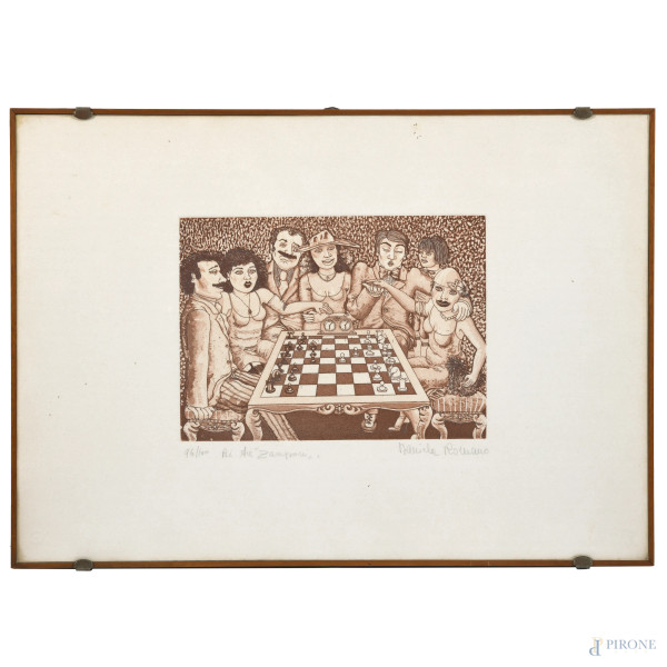 Daniela Romano (1947-2009), Gioco di scacchi, litografia es. 96/100, cm 34,5x49, dedicato e firmato in basso, entro cornice, (lievi tracce di umidità, foxing, gore)