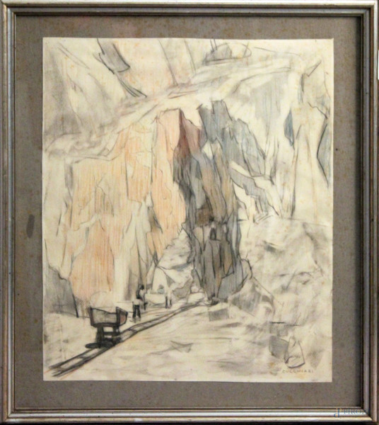 Domenico Cucchiari - La miniera, tecnica mista su carta, cm 43 x 36, entro cornice.