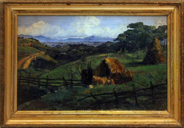 Paesaggio collinare con capanna, olio su tela, 35x45, entro cornice, fine XIX sec.