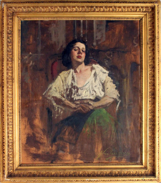 Francesco De Gregorio - Donna seduta, olio su legno, cm. 64x53, entro cornice