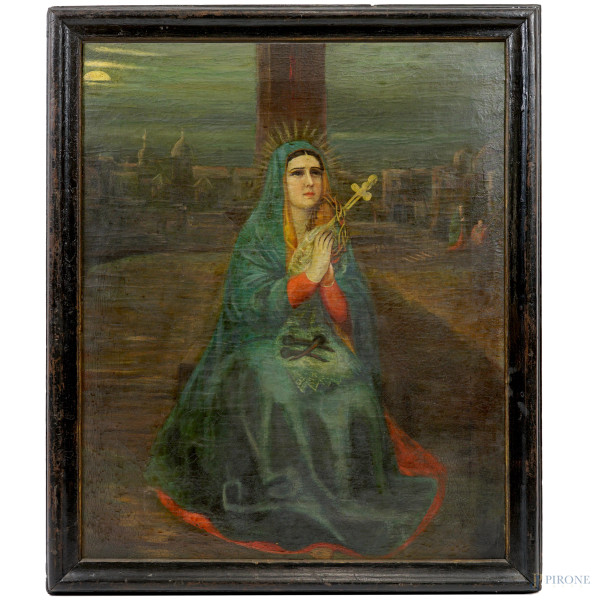 Vergine addolorata con i simboli della Passione, olio su tela, fine XIX secolo, cm 93x77, entro cornice