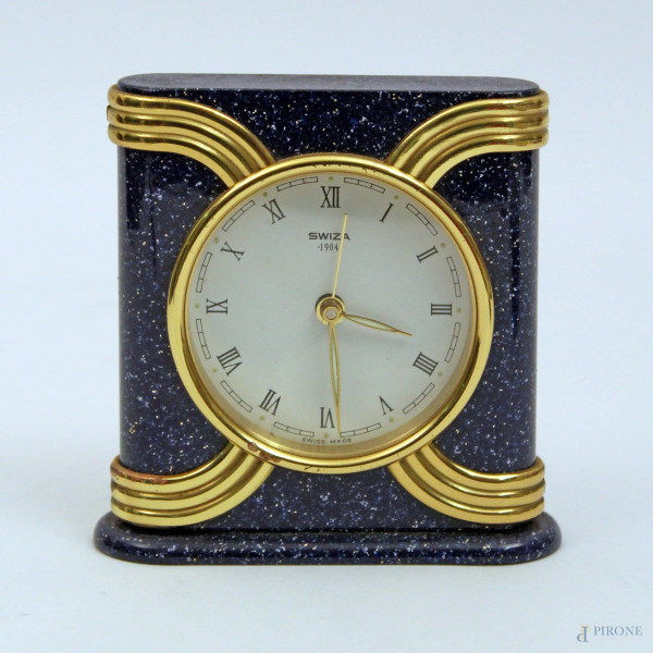 Orologio sveglia da tavolo in lapislazzulo, marcata, 1904, h. cm 8.