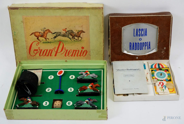 Lotto composto da due giochi da tavolo, Gran Premio anni ' 40 e Lascia o raddoppia anni '60, entro scatole originali, (difetti)