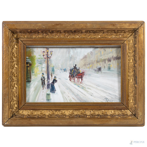 Viale con carrozzella, XX secolo, olio su cartone telato, cm 15x24, firmato in basso a destra, entro cornice