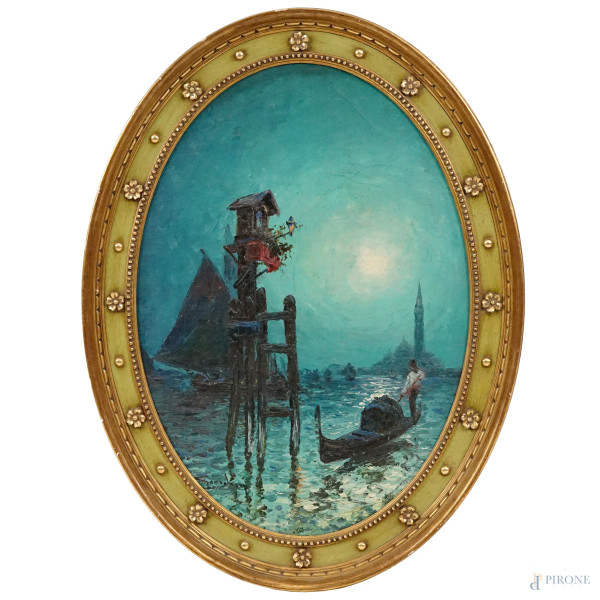 Gondola al chiaro di luna, olio su tela, cm 70x49, firmato Giordani, entro cornice ad assetto ovale.