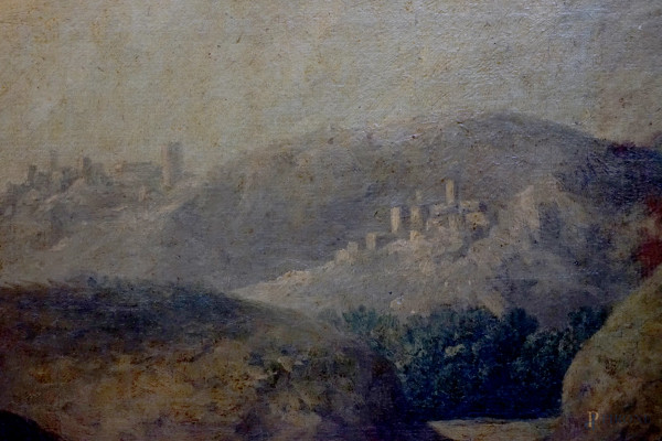 Paesaggio con la Fuga in Egitto, XVII-XVIII secolo, olio su tela, cm 74x98, entro cornice