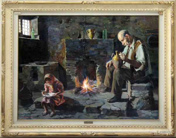 Alfonso Grassi - Il Focolare, olio su tela, 100x75 cm, entro cornice