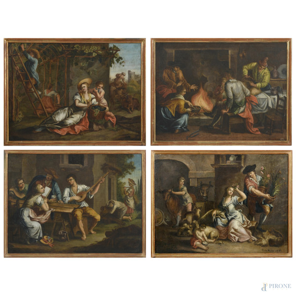 Lotto di quattro dipinti ad olio su tela raffiguranti Allegorie delle Quattro Stagioni, XVIII-XIX secolo, cm 47x62,5, entro cornice, (abrasioni, restauri, difetti)