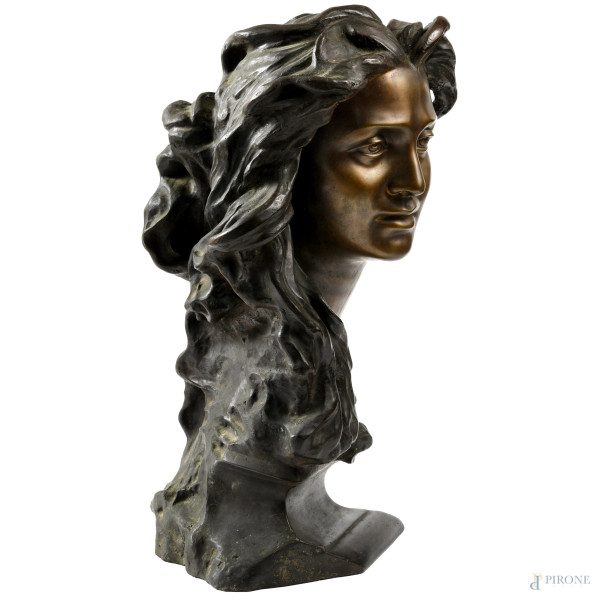Vincenzo Gemito ( Napoli 1852 - Napoli 1929), Busto femminile, scultura in bronzo firmata sul fro...