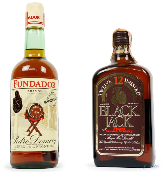 Lotto di due bottiglie: Black Jack scotch whisky e Fundador acquavite di vino