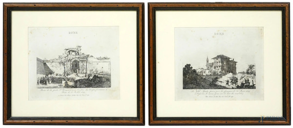 Le rovine di Porta S. Pancrazio e Villa Spada, due acquaforti, cm 13,5x17, XIX secolo, entro cornici, (macchie sulla carta)