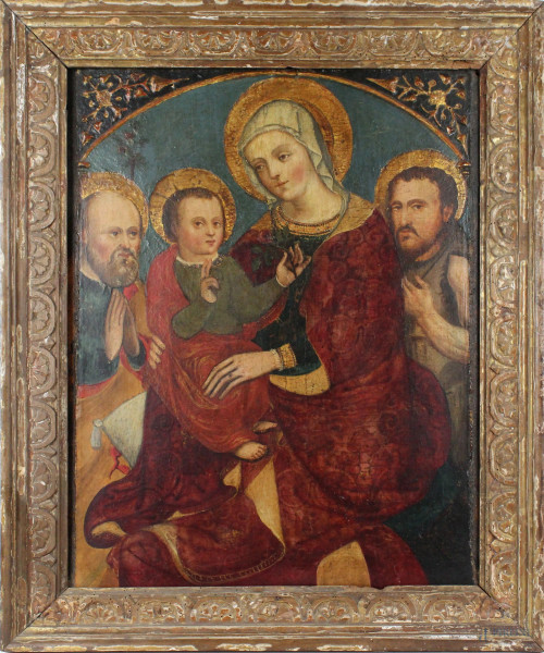 Scuola dell’Italia settentrionale XVI secolo, Madonna con Bambino e Santi, olio su tavola, cm 59,5x48, entro cornice