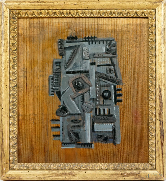 Artista del XX secolo, Senza titolo, composizione polimaterica su tavola, cm 22x21, entro cornice.