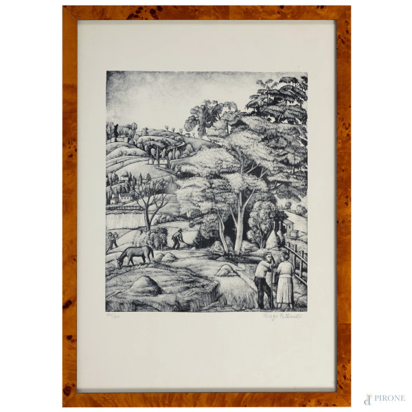 Diego Pettinelli (1897-1989), Contadini, xilografia, es. XIV/XX, foglio cm 50x40, firmata in basso a destra, entro cornice