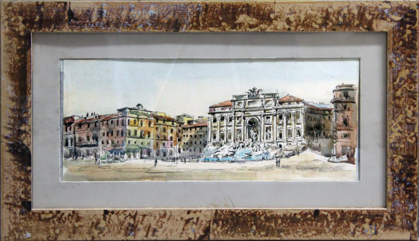 Fontana di Trevi, acquarello su carta, 14x34 cm, entro cornice