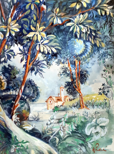 Artista della prima met&#224; del Novecento, Paesaggio con alberi e chiesetta, gouache su carta, cm 39x28, firmato