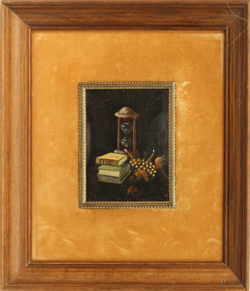 Natura morta, miniatura ad olio su cartone, 9x7,5 cm, primi 900, entro cornice.