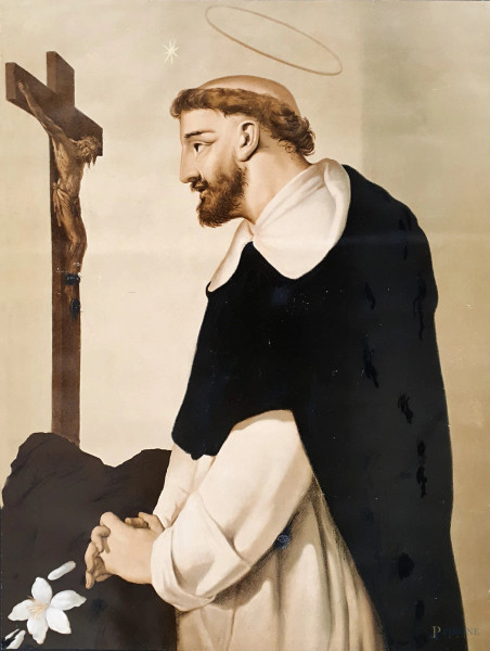 Sant’Antonio con il giglio che prega il Crocifisso, stampa cromolitografica di carattere votivo, cm 55x41