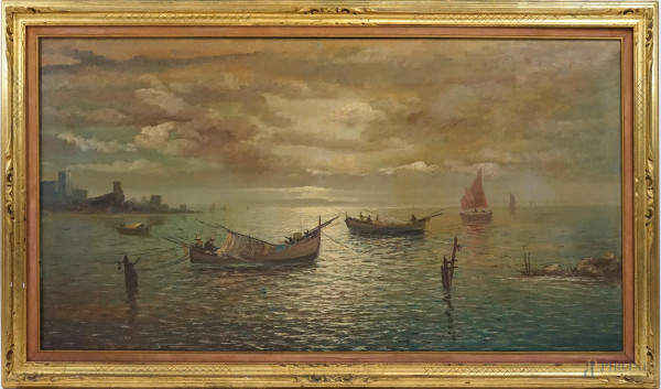 Marina, olio su tela, cm 80x150, XX secolo, entro cornice