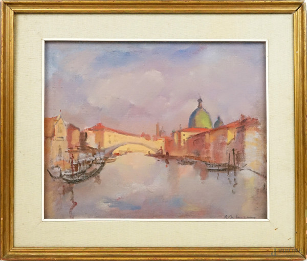 Riccardo Taliercio - Venezia sul Canal Grande, olio su cartone telato, cm 40x51, entro cornice.