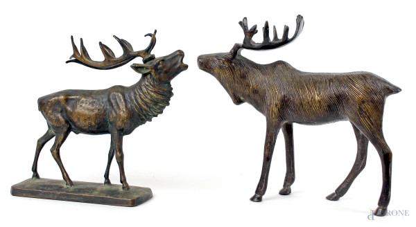 Lotto di un cervo e un alce in bronzo, misure max. cm 20x22x9,5, metà XX secolo.