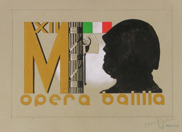 Duilio Bottari, Propaganda fascista, tempera su carta firmato, cm 37 x 31.