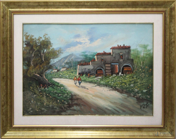 Paesaggio con casale e viandanti, olio su tela, cm 50x70, firmato,entro cornice