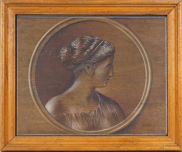Profilo di donna, tecnica mista su tavola, cm 28x35,5, firmato e datato, entro cornice