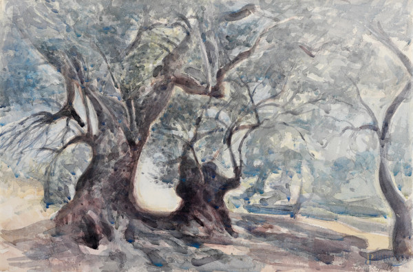 Kopp Dieter (1939-2022), Paesaggio con alberi, acquerello su cartoncino, firmato in basso a destra, cm 38x50,5