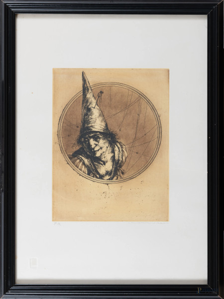 Massimo Rao, Giullare, litografia su carta esemplare P.A., cm 70x50, firmato in basso a destra, entro cornice, (segni di usura)