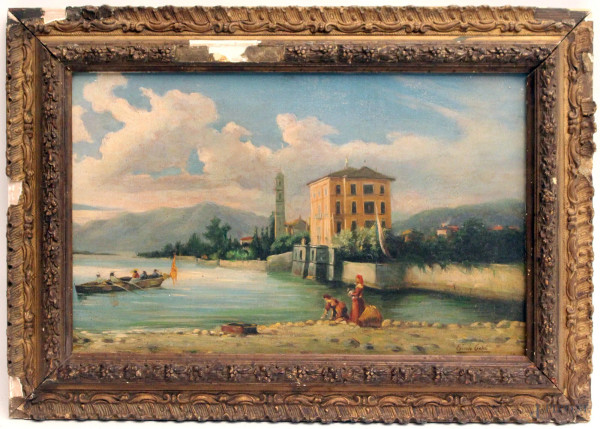 Scorcio di lago con villa e figure, olio su tavoletta, cm.24,5x40, firmato, entro cornice.