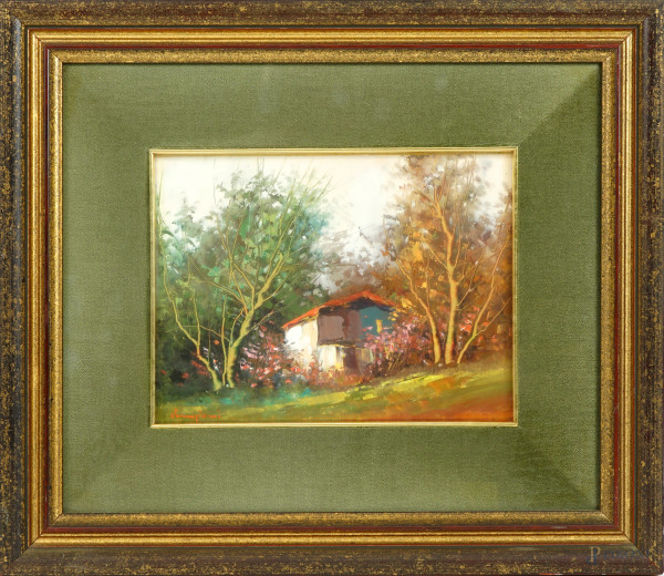 Paesaggio con casa, serigrafia su lastra, cm 16x21,5, firmato Veneziani, entro cornice