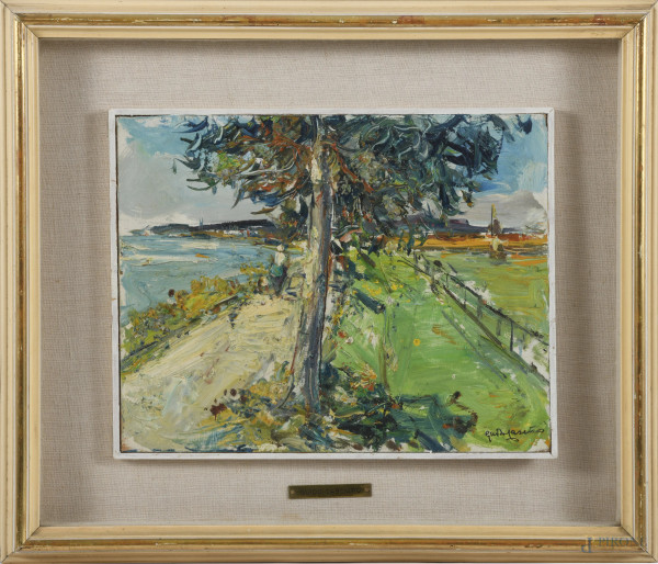 Paesaggio con albero, olio su cartone, cm 24x31, firmato in basso a destra, entro cornice
