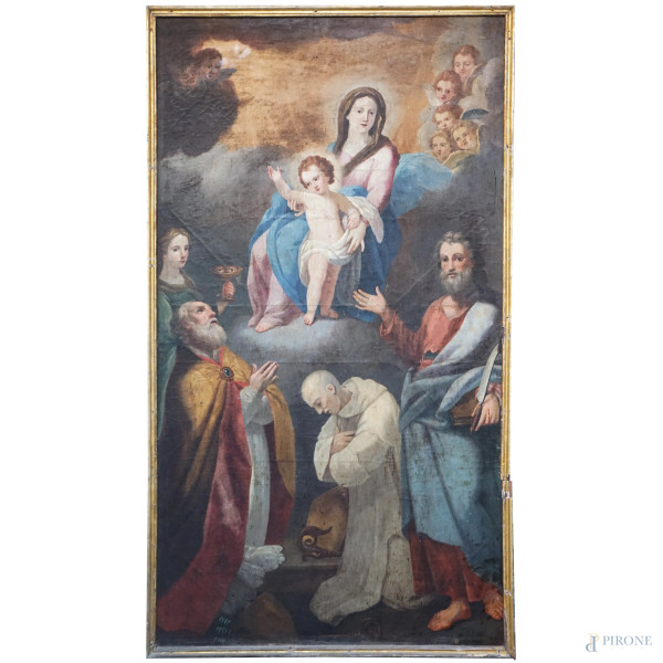 Pittore laziale del XVIII secolo, Madonna con il Bambino tra San Bartolomeo, Santa Lucia, San Bernardo di Chiaravalle e un santo vescovo, olio su tela, cm 263x151, entro cornice