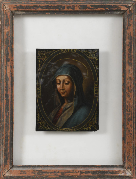 Maria Mater Cristi, XIX secolo, olio su rame applicato su vetro, cm 22,5x17, entro cornice, (segni di usura, abrasioni, mancanza dell'angolo inferiore destro)