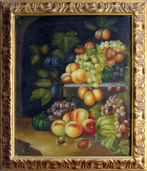 Natura morta frutta, olio su tela, 60 x 50 cm, entro cornice.