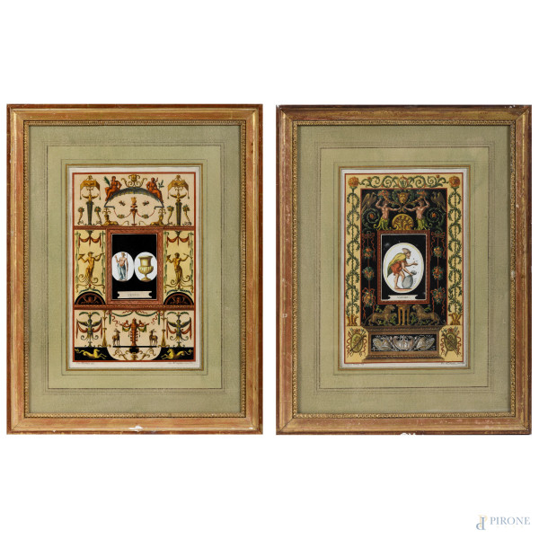 Coppia di incisioni acquerellate raffiguranti grottesche, cm 38x24, entro cornice