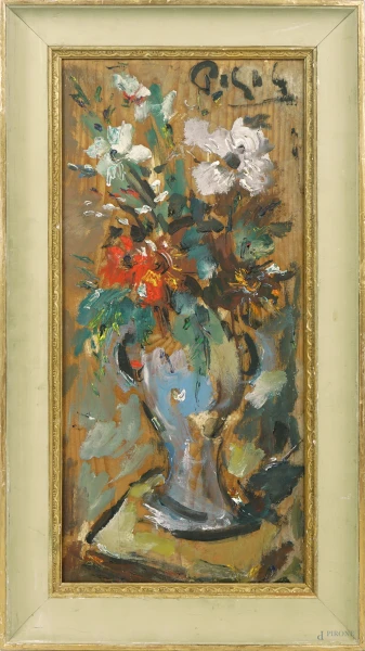 Vaso di fiori, sec. XX, olio su tavoletta, cm 54,5x25,5, firmato, entro cornice