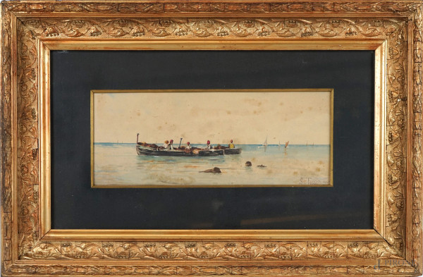 Marina con imbarcazioni, acquarello su carta, cm 14x34, firmato, entro cornice.