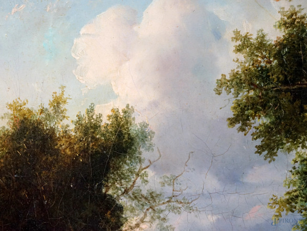 Paesaggio con figure in sosta, olio su tela, cm 49x65.5, firmato in basso a sinistra, XIX secolo,...