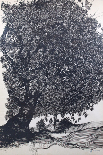 Paesaggio con albero, multiplo su carta, cm. 127x92, XX secolo, entro cornice.