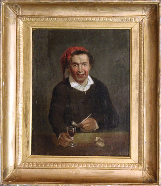 Pittore del XIX sec., Uomo con pipa e bicchiere, olio su tela, cm 44x35, entro cornice.