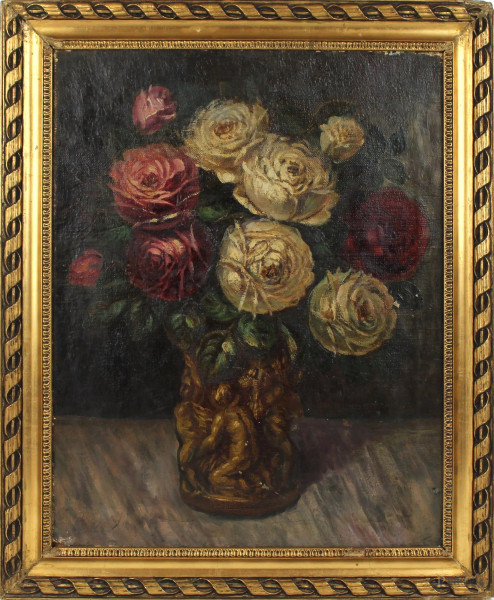 Vaso con fiori, olio su tela, cm.46x36,5, recante firma e data sul telaio, in cornice.