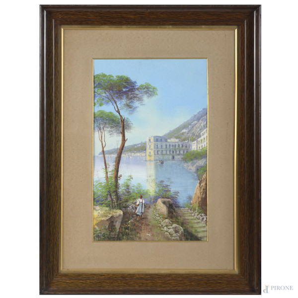 Golfo con figure, XX secolo, tecnica mista su carta, cm 49x30, firmato in basso a sinistra, entro cornice, (lievi ondulazioni della carta)