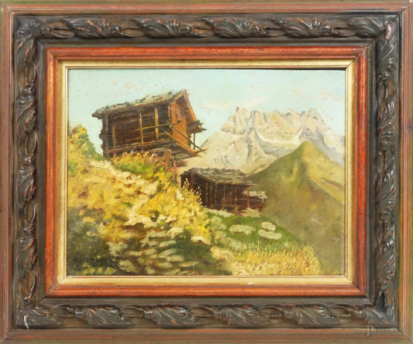 Paesaggio montano con baita, olio su compensato, firmato, cm 26x35, entro cornice