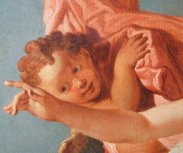 Venere chiede a Vulcano di forgiare l’armatura di Enea, olio su tela, cm 143x111 circa, entro cor...