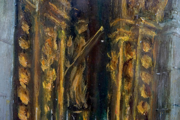 Interno di chiesa, olio su faesite, firmato, cm 33,5x25, entro cornice