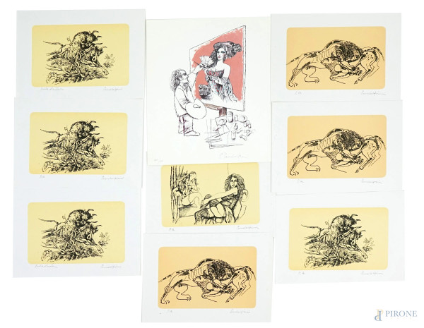 Emanuele Pandolfini - Lotto composto da nove grafiche raffiguranti soggetti diversi, misure max cm , entro cartella con presentazione di Vinicio Saviantoni